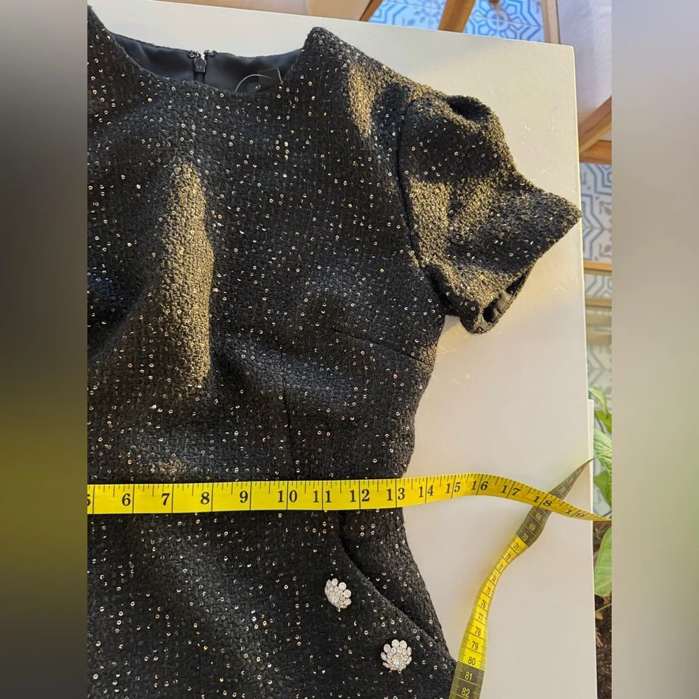 Ann Taylor Sparkle Sequin Tweed Sheath Dress Black Size 0 — Button Trim - Picture 8 of 9